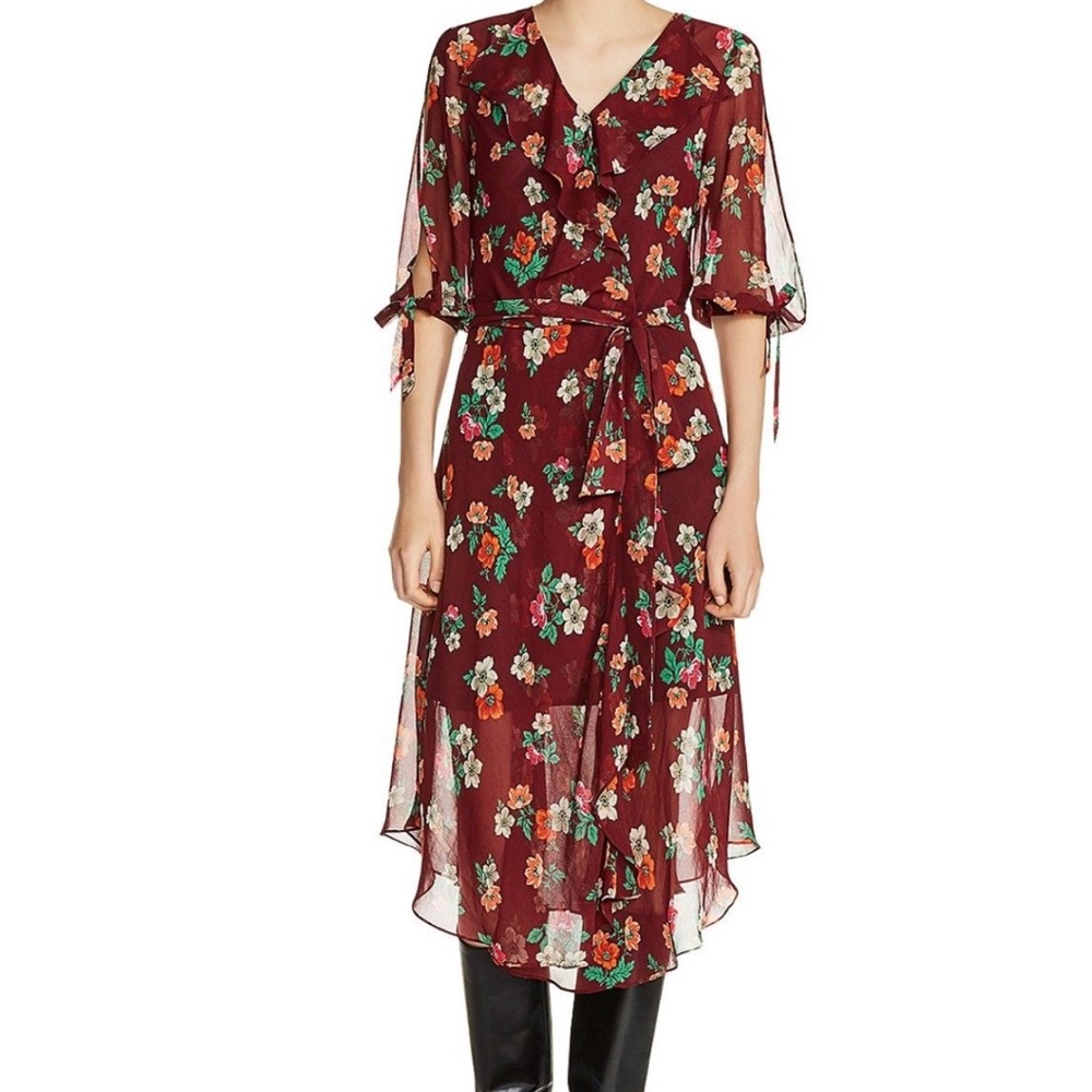 Maje Reselia chiffon floral Burgundy  wrap Fall winter dress 1 M